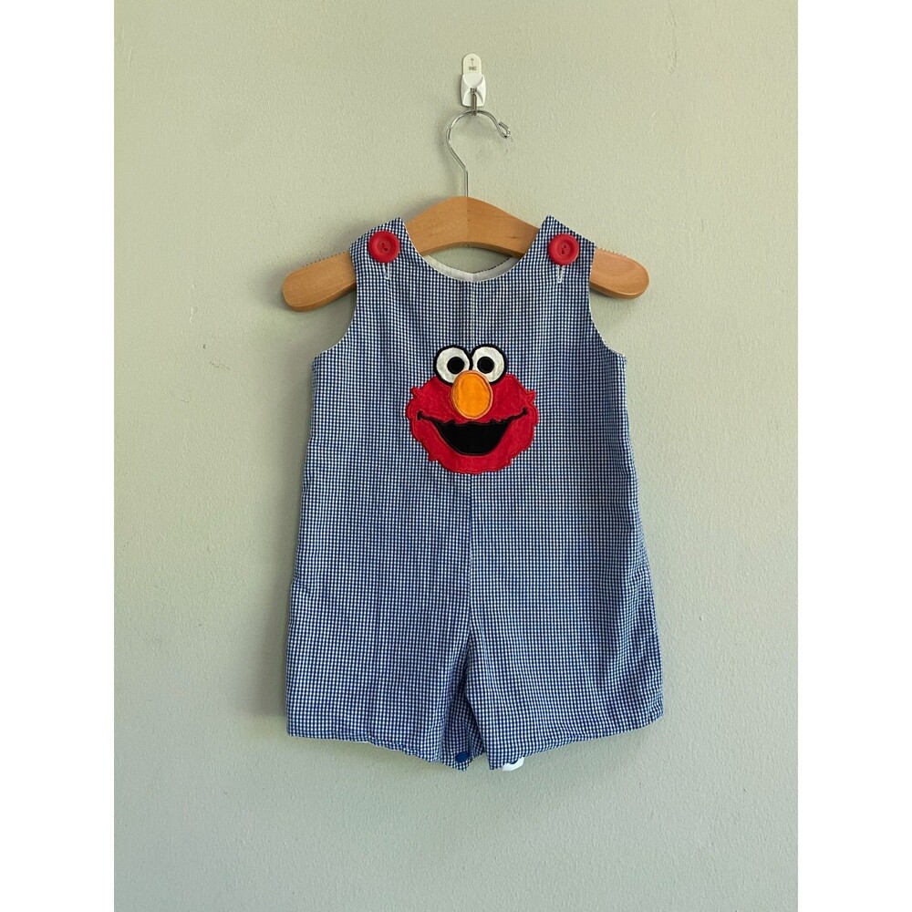 Rare VTG Elmo Blue Gingham Check Embriodered Boys Overalls Romper 9M Red Buttons